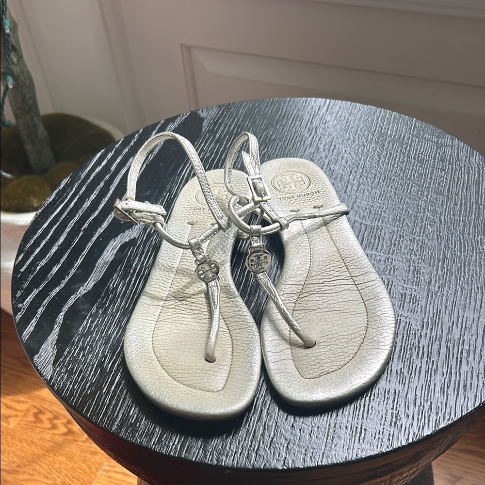 Silver Metallic T-Strap Thong Sandals